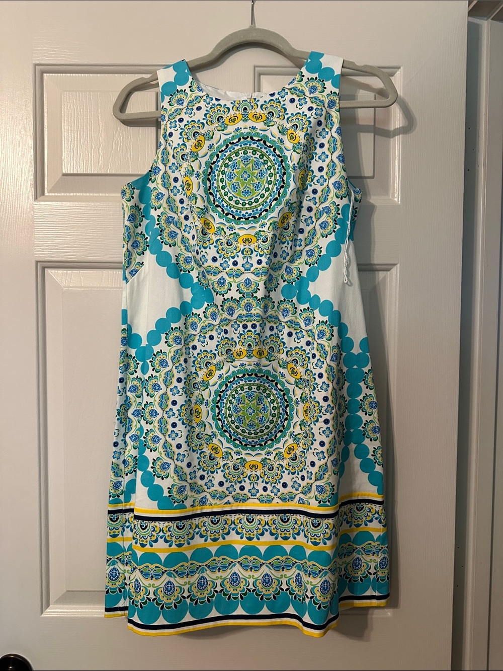 London Times Teal, Yellow & White Medallion Shift Dress